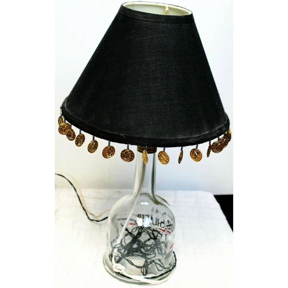 Goldschlager Table Lamp Clear Bottle Black Shade Coin Fringe Handmade Rice Light